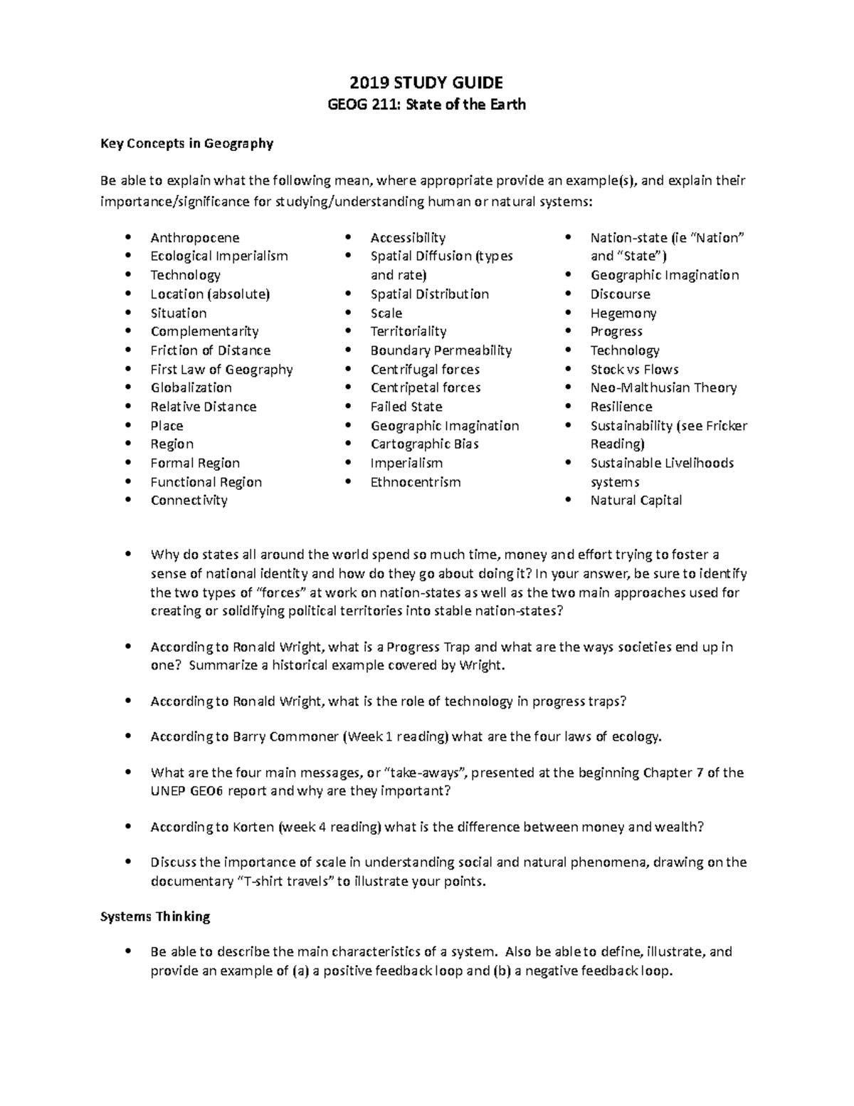 Midterm 1 study questions - 2019 STUDY GUIDE GEOG 211: State of the ...