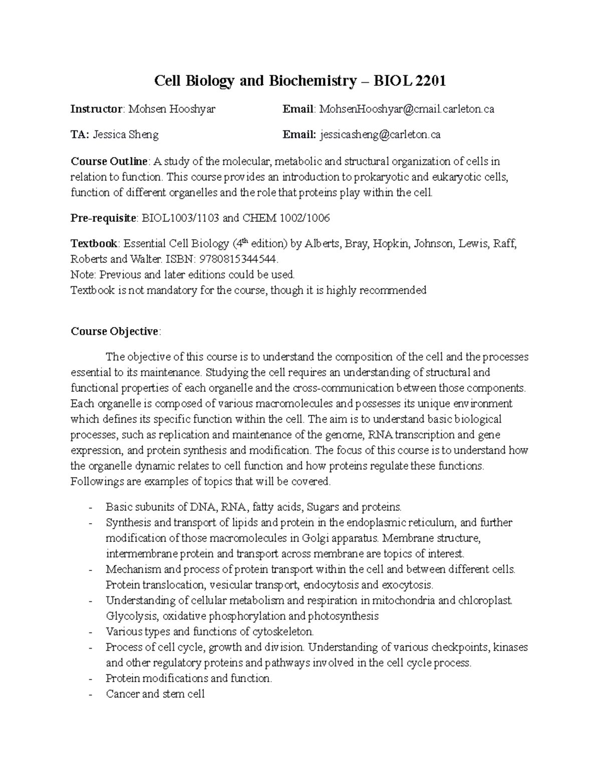 Fall 2021 - Cell Biology and Biochemistry - Biol 2201 - Carleton - Studocu