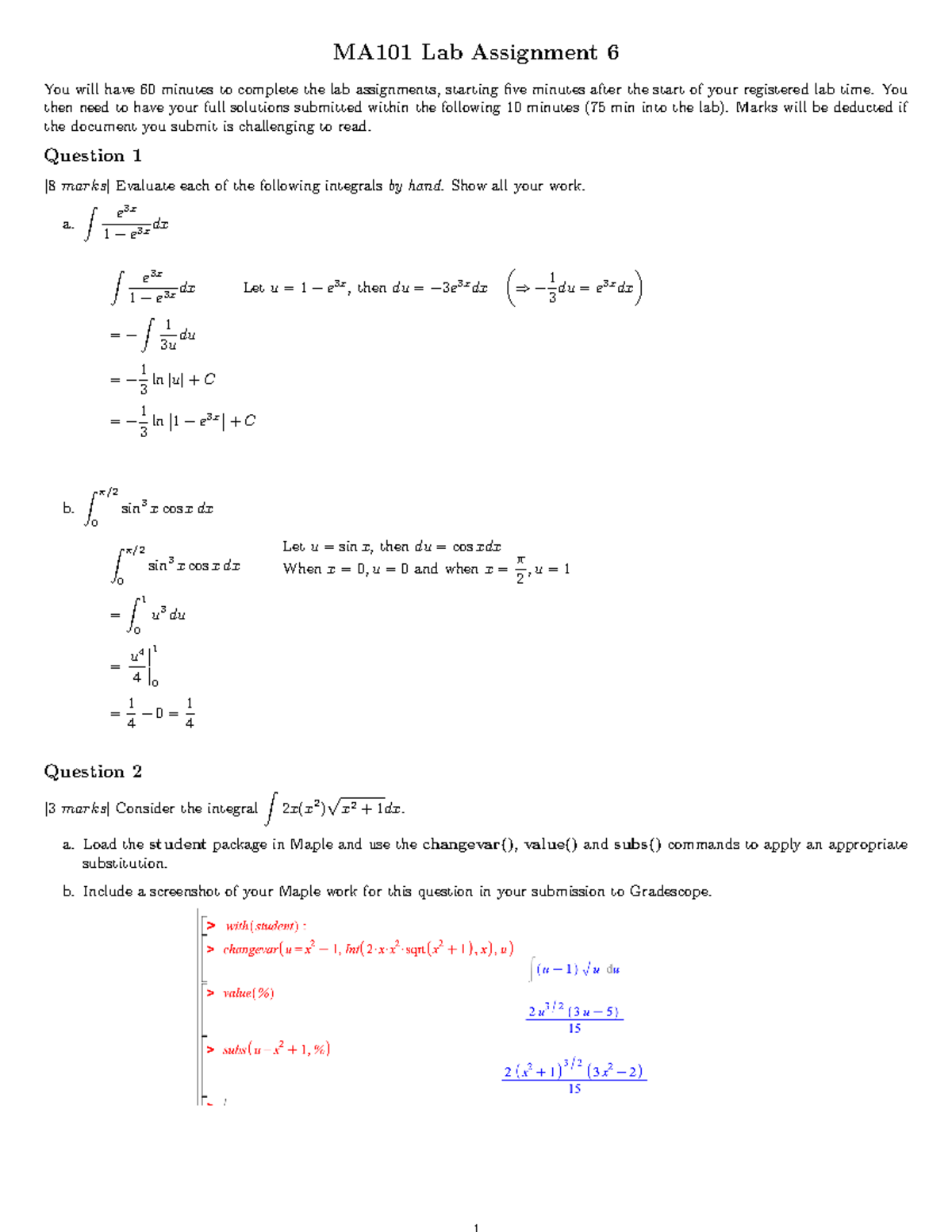 Lab 6 Solutions - MA101 Lab Assignment 6 You will have 60 minutes to ...