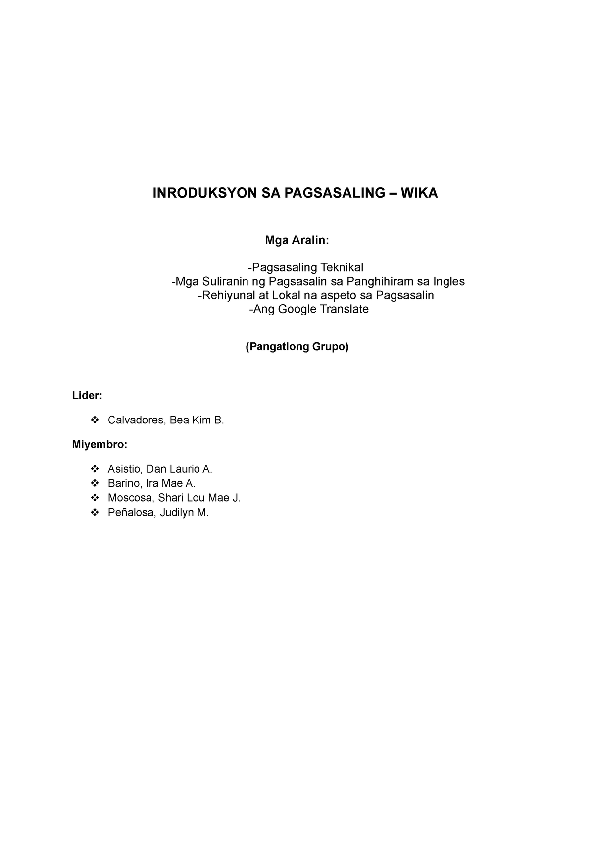 Mga Suliranin Ng Pagsasalin - INRODUKSYON SA PAGSASALING – WIKA Mga ...