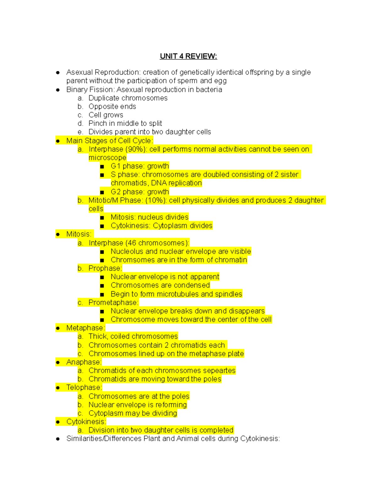 UNIT 4 - Unit 4 - UNIT 4 REVIEW: Asexual Reproduction: creation of ...