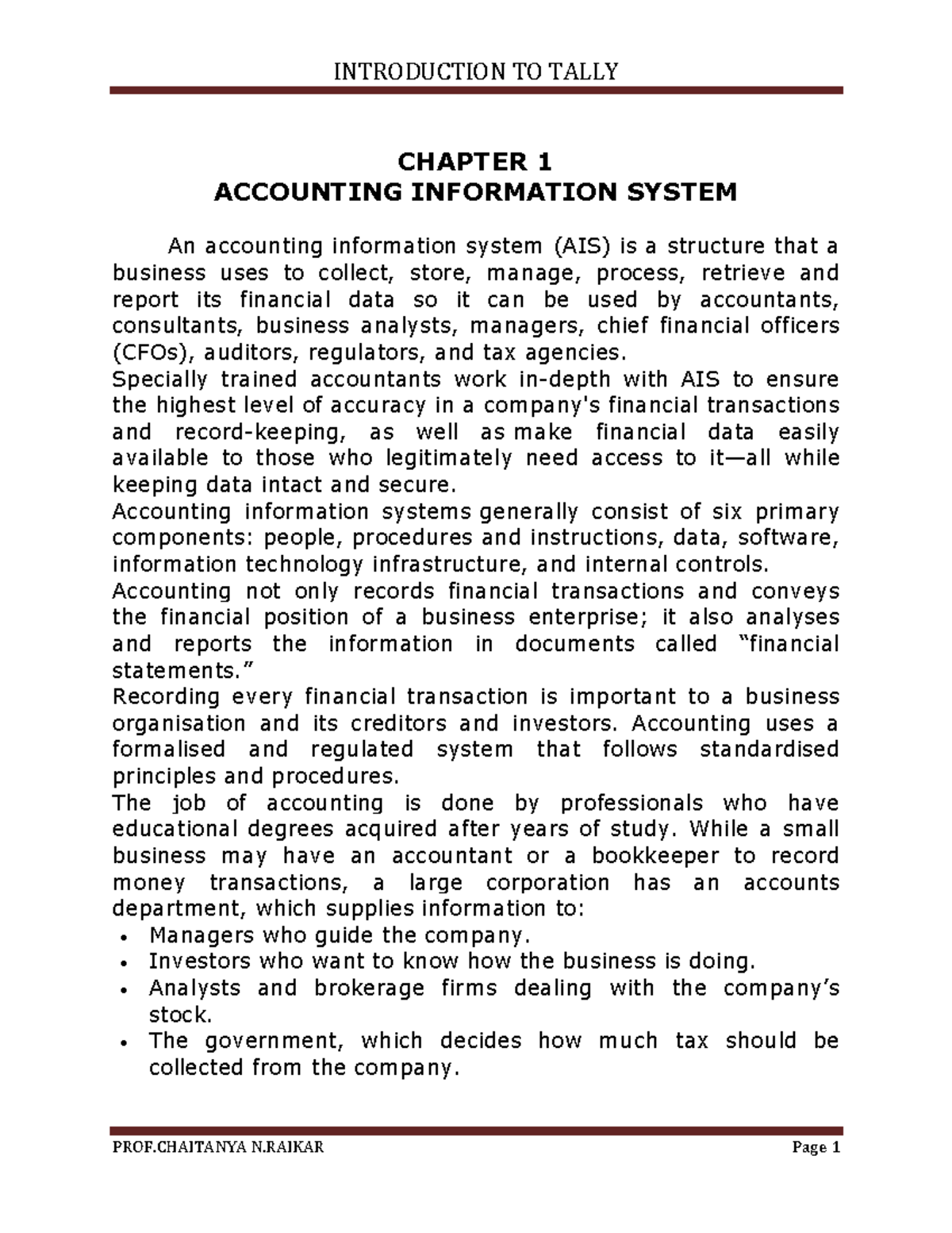 BCOM6 Tally - Notes - CHAPTER 1 ACCOUNTING INFORMATION SYSTEM An ...