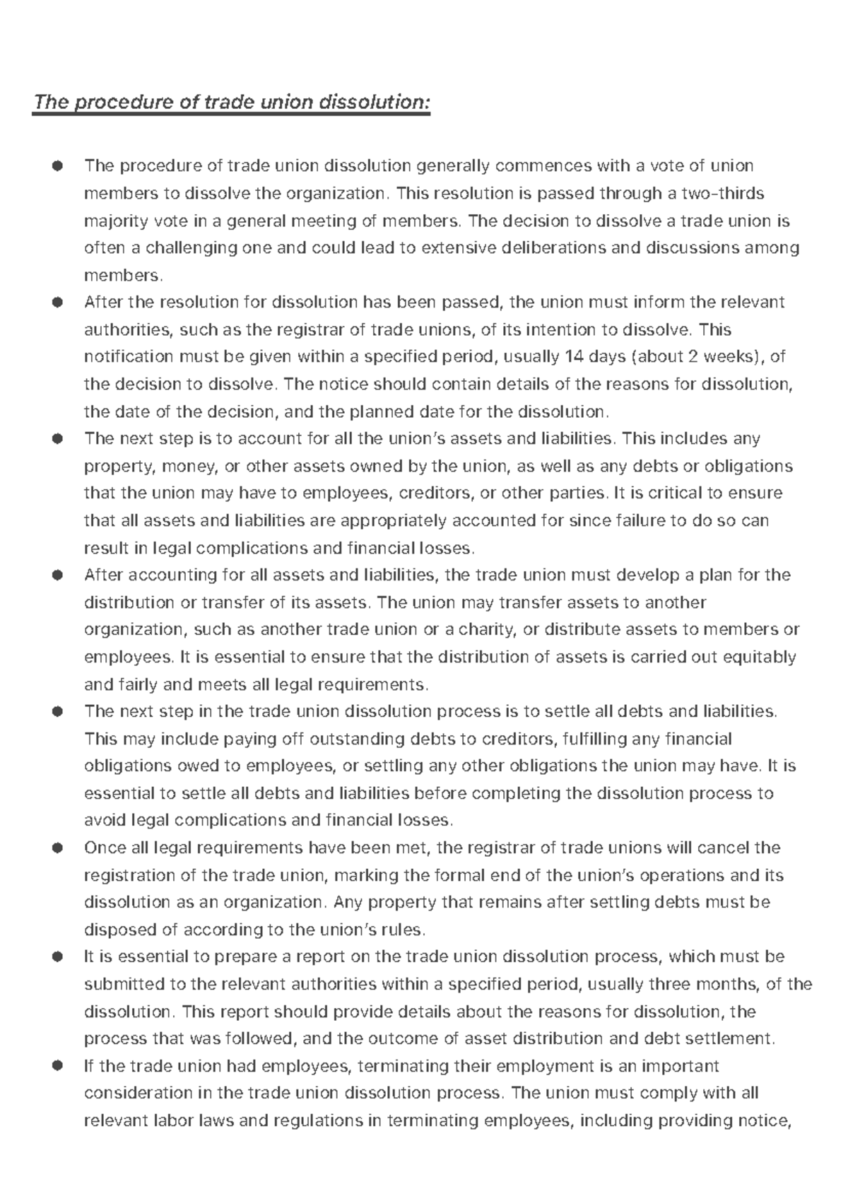 Labour - Notes - The procedure of trade union dissolution: The ...