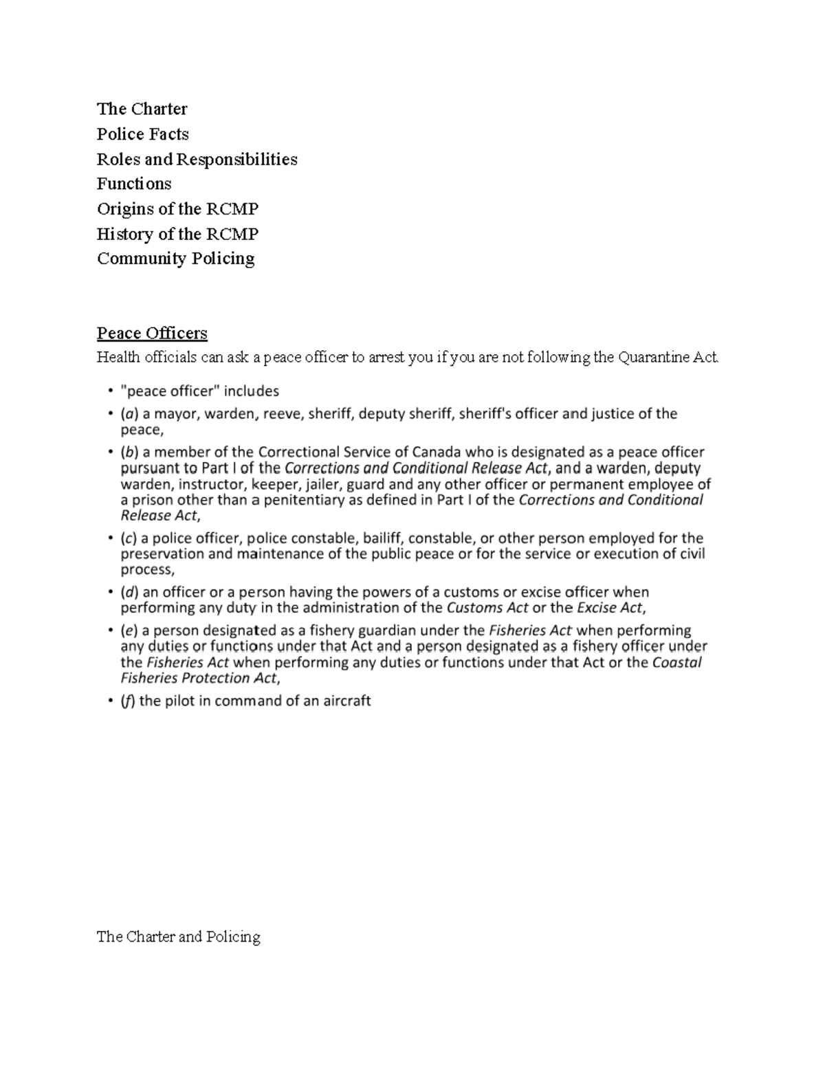 Policing - Notes - The Charter Police Facts Roles and Responsibilities ...