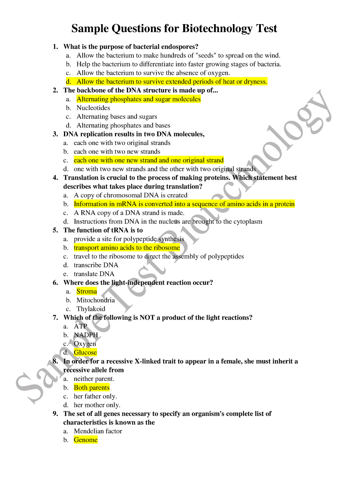 Sample-paper- Biotech - Sample Questions for Biotechnology Test What is ...