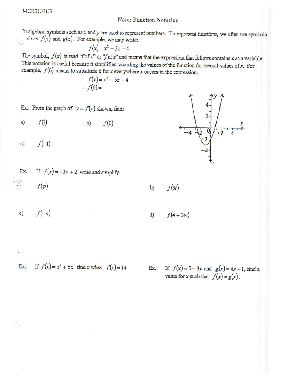 function notation common core algebra ii homework