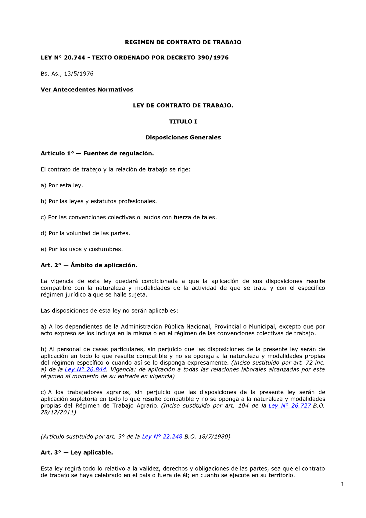 LEY Contrato DE Trabajo - REGIMEN DE CONTRATO DE TRABAJO LEY N° 20 ...