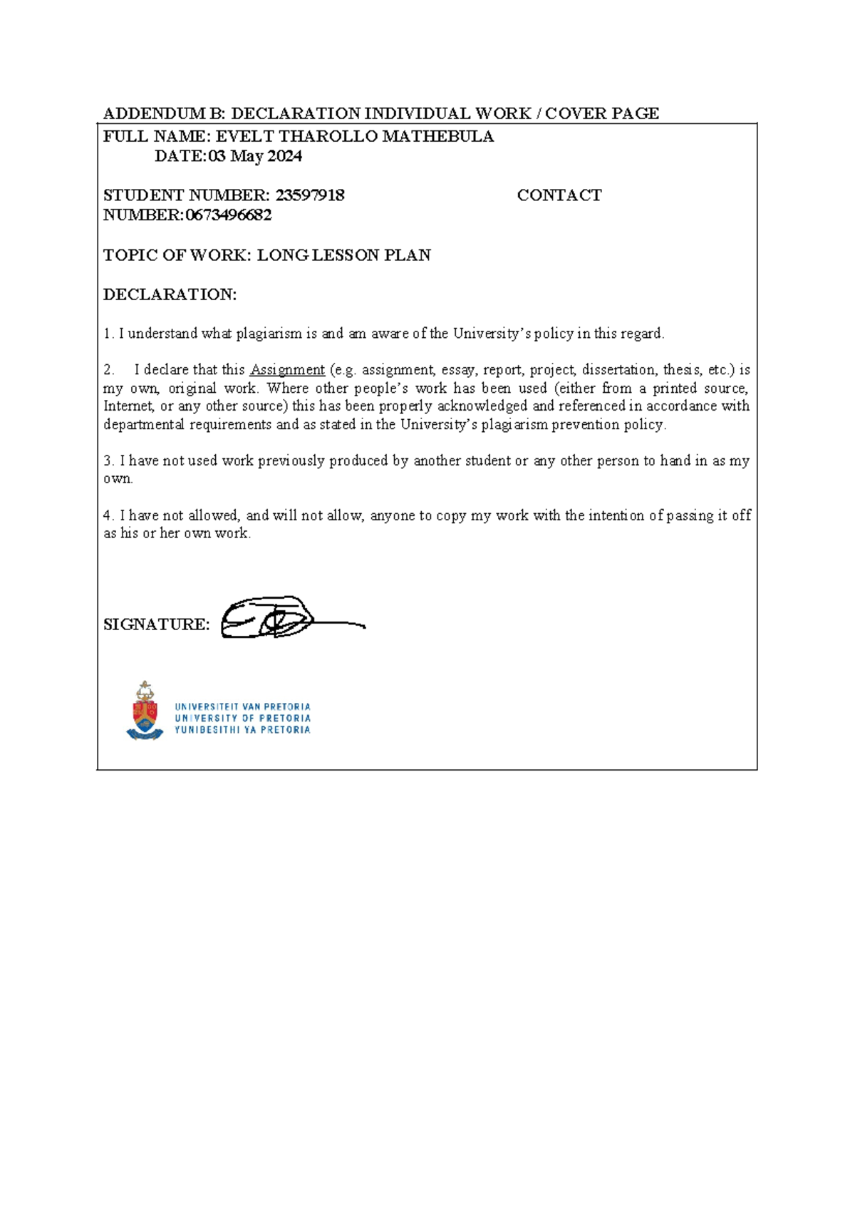 JMD 206 Lesson PLAN - ADDENDUM B: DECLARATION INDIVIDUAL WORK / COVER ...