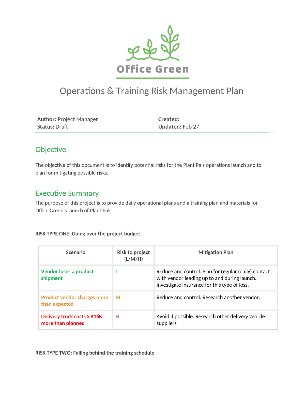 Plant Pals Risk Management Operations And Training Risk Management Plan Author Project Manager