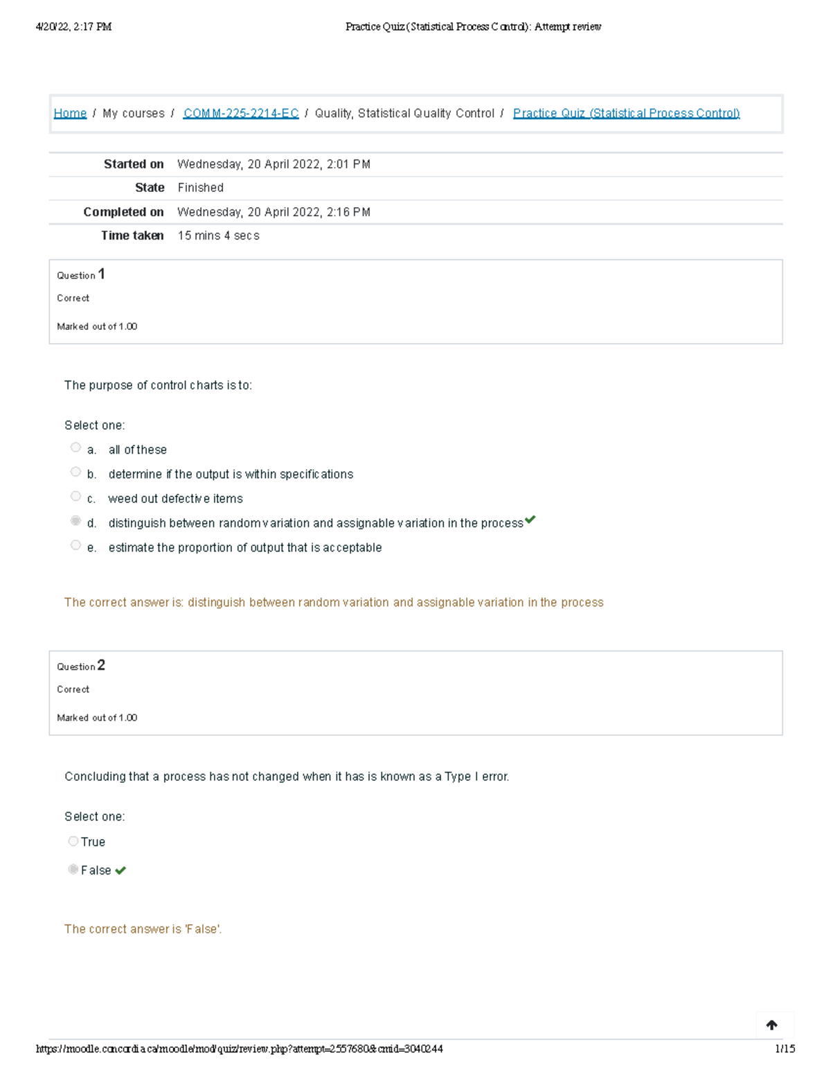 Practice Quiz (Statistical Process Control) Attempt review - Home/My ...