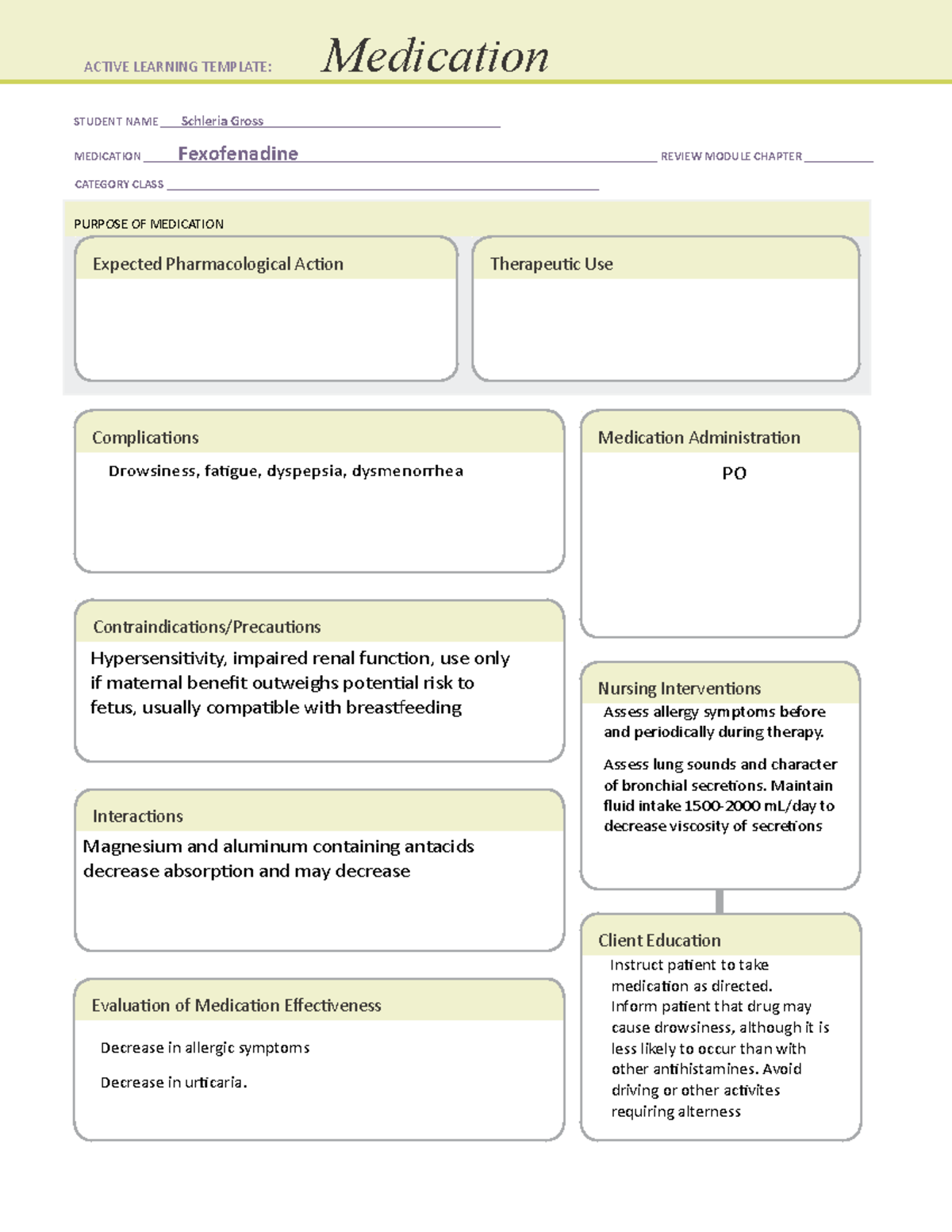 Fexofenadine Medication Template - STUDENT NAME Schleria Gross