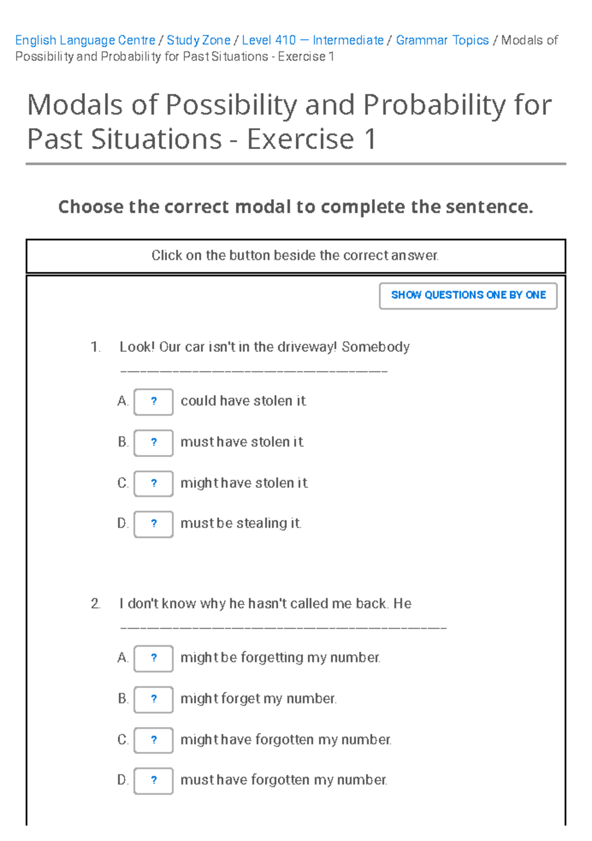 Modals of Possibility and Probability for Past Situations - Exercise 1 ...