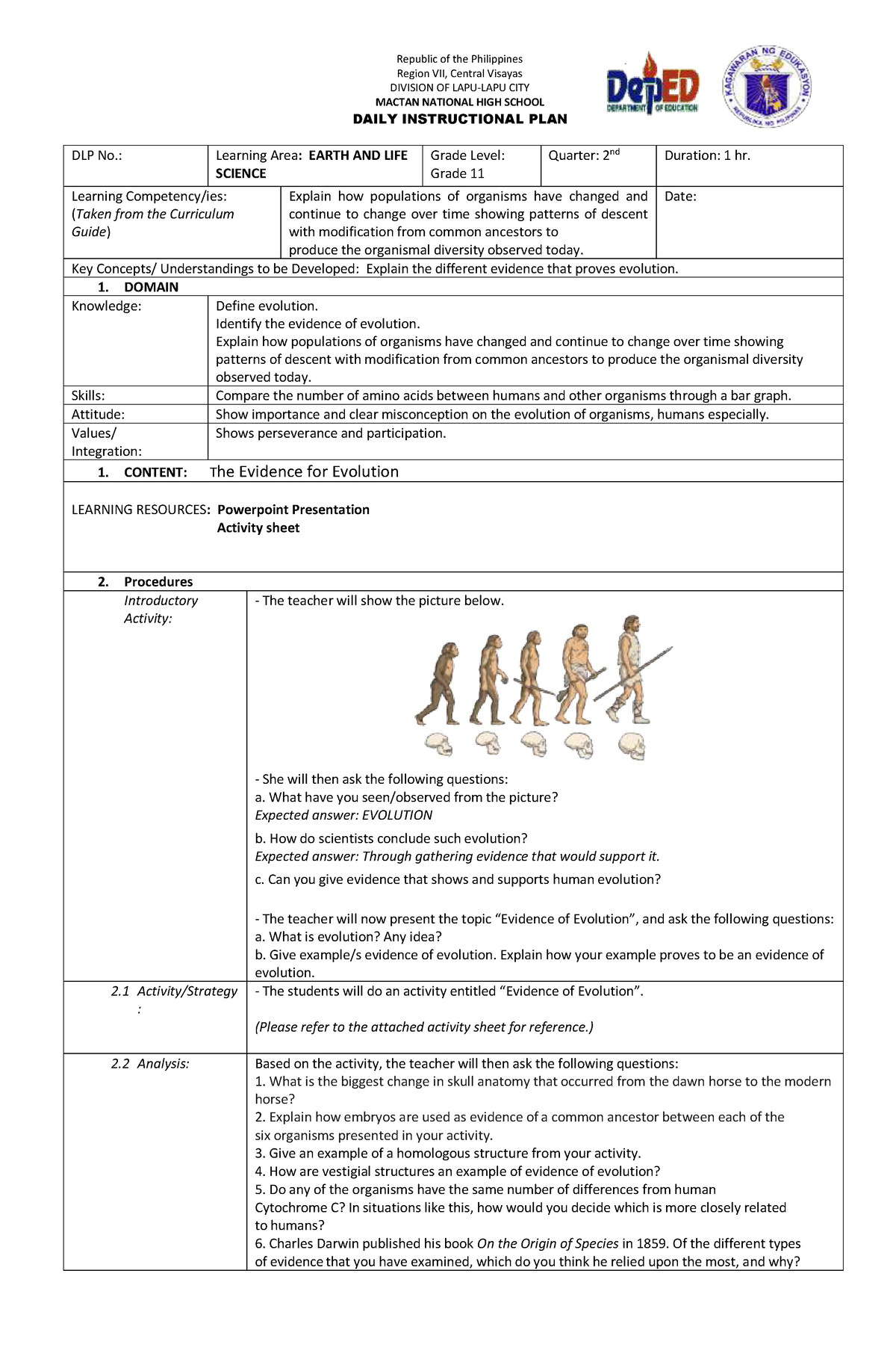 Daily Lesson Plan on Evolution for Earth and Life Science Subject