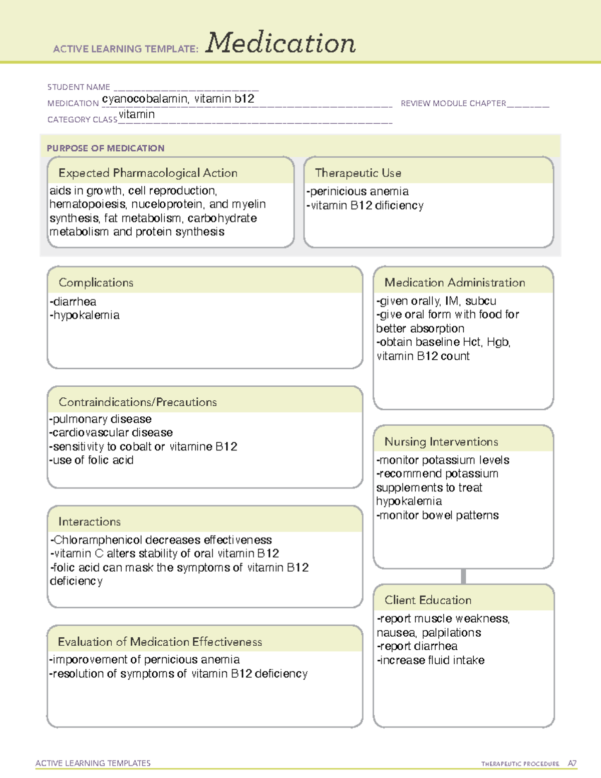 Cyanocobalamin Drugcard ACTIVE LEARNING TEMPLATES THERAPEUTIC