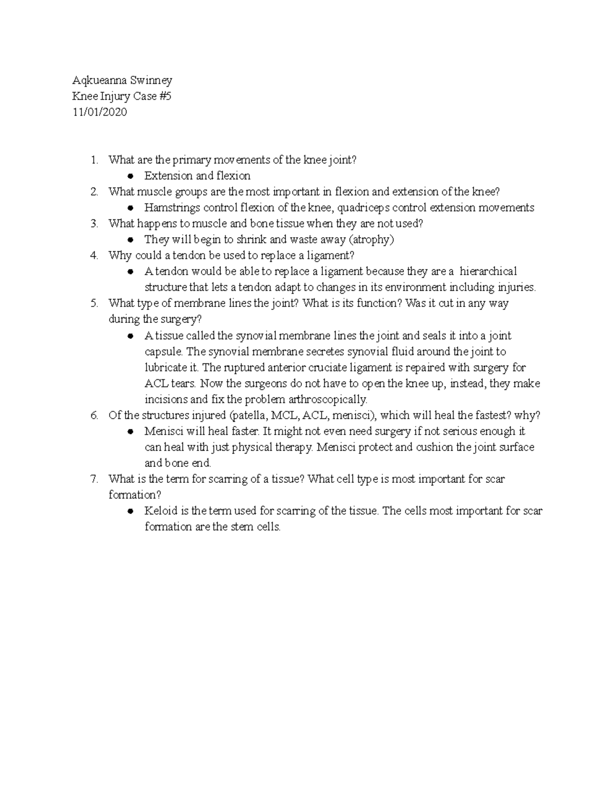 Knee Injury Case 5 Aqkueanna Swinney Knee Injury Case 11/01/ What