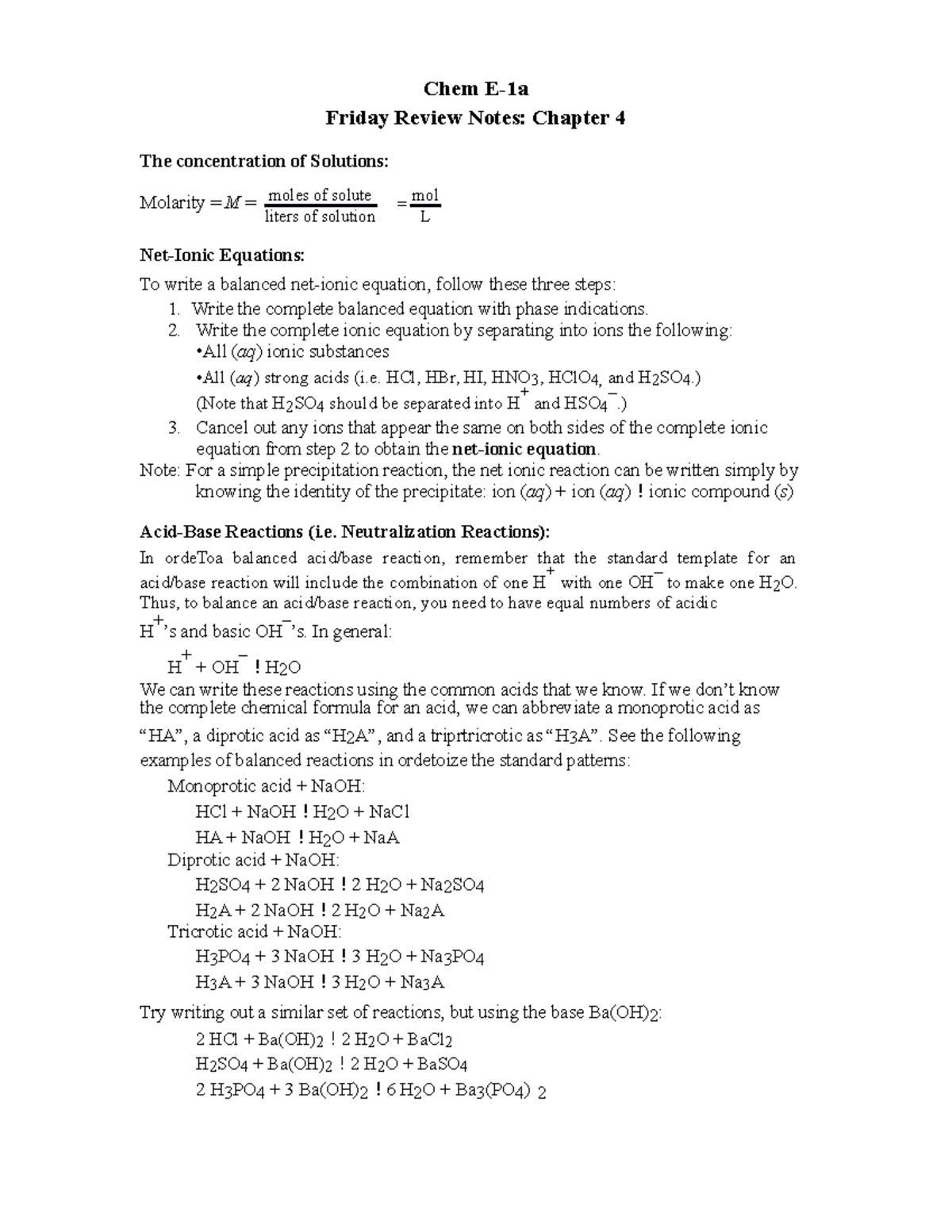 Chapter 4 Review Notes G - Chem E-1a Friday Review Notes: Chapter 4 The ...