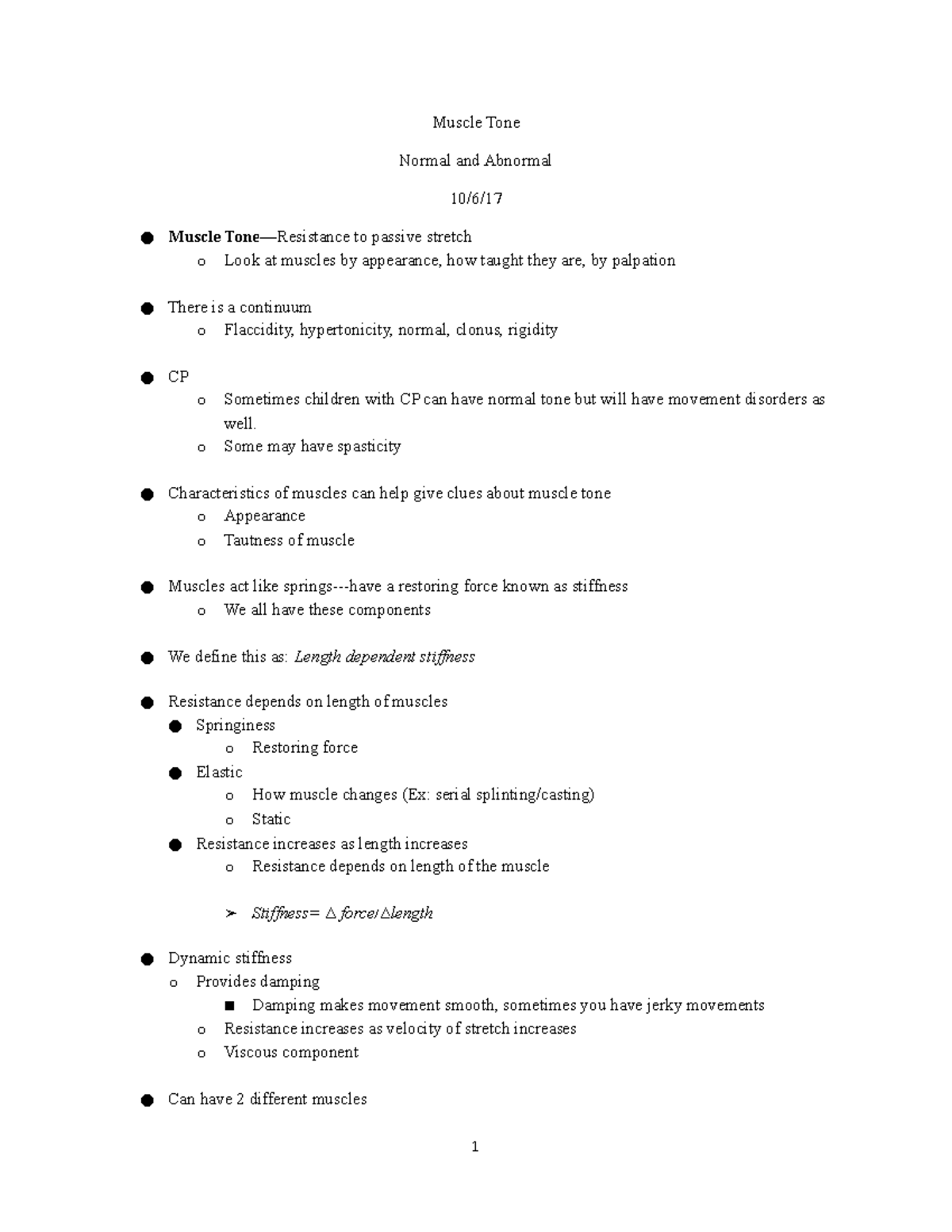 Muscle Tone - Lecture notes 7-9 - Muscle Tone Normal and Abnormal 10/6 ...