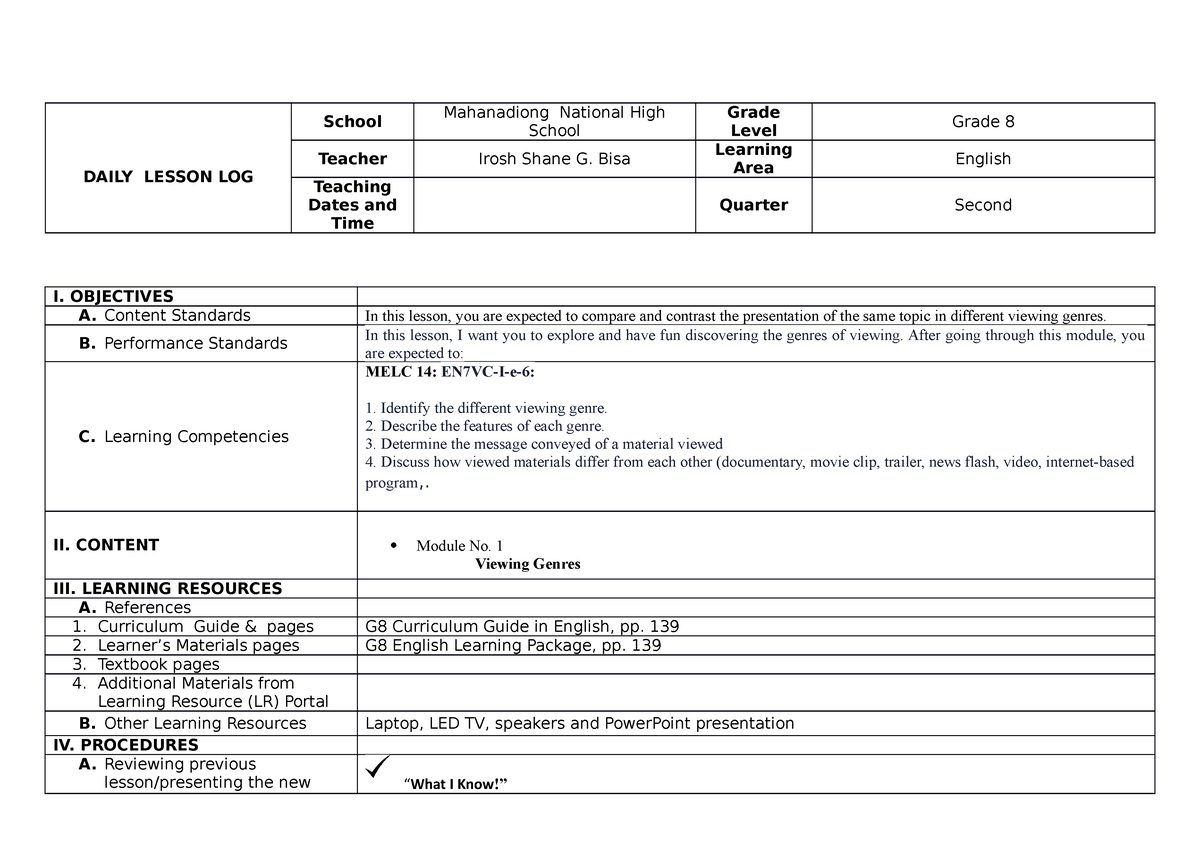 DLL in Viewing Genres - DAILY LESSON LOG School Mahanadiong National ...