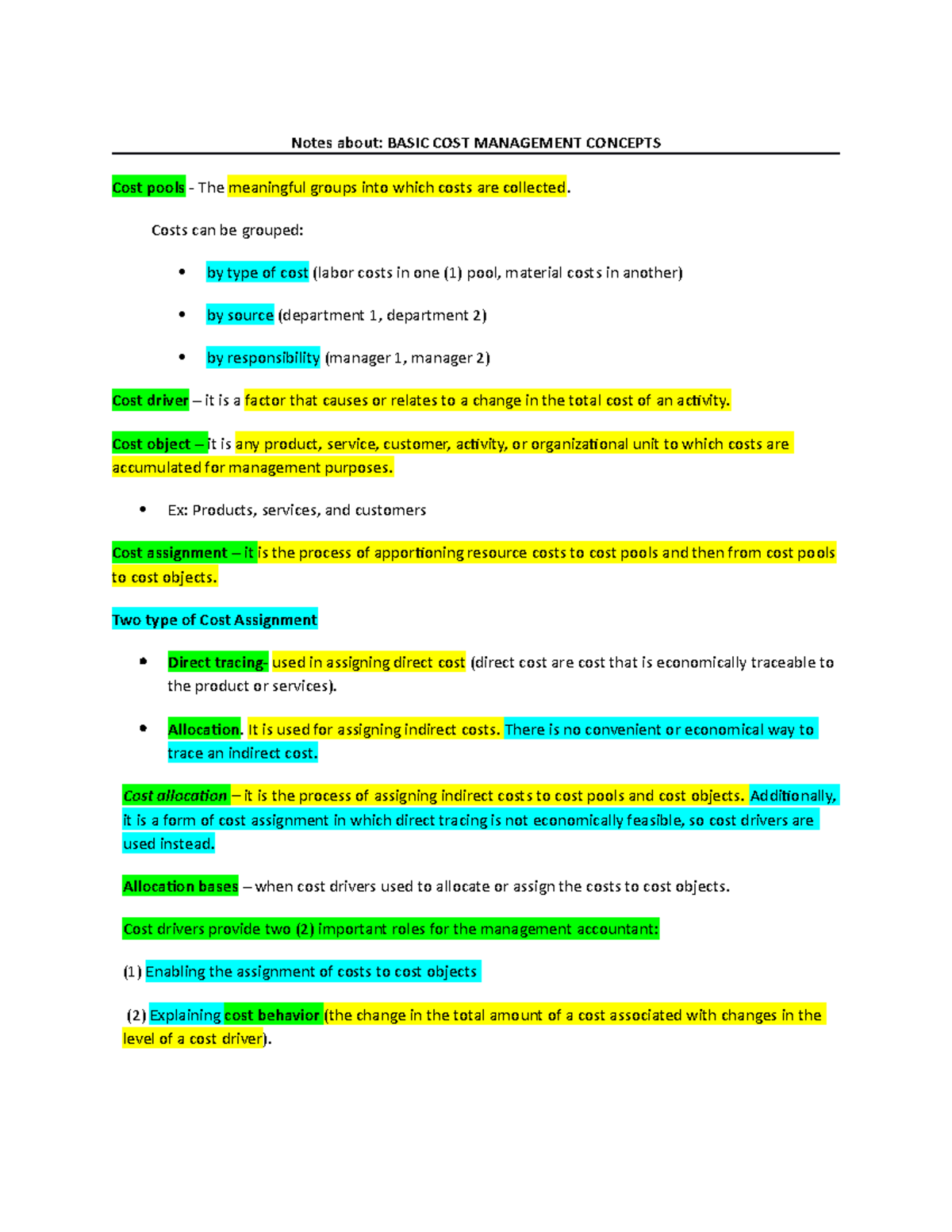 Notes about basic cost management concepts - Notes about: BASIC COST ...