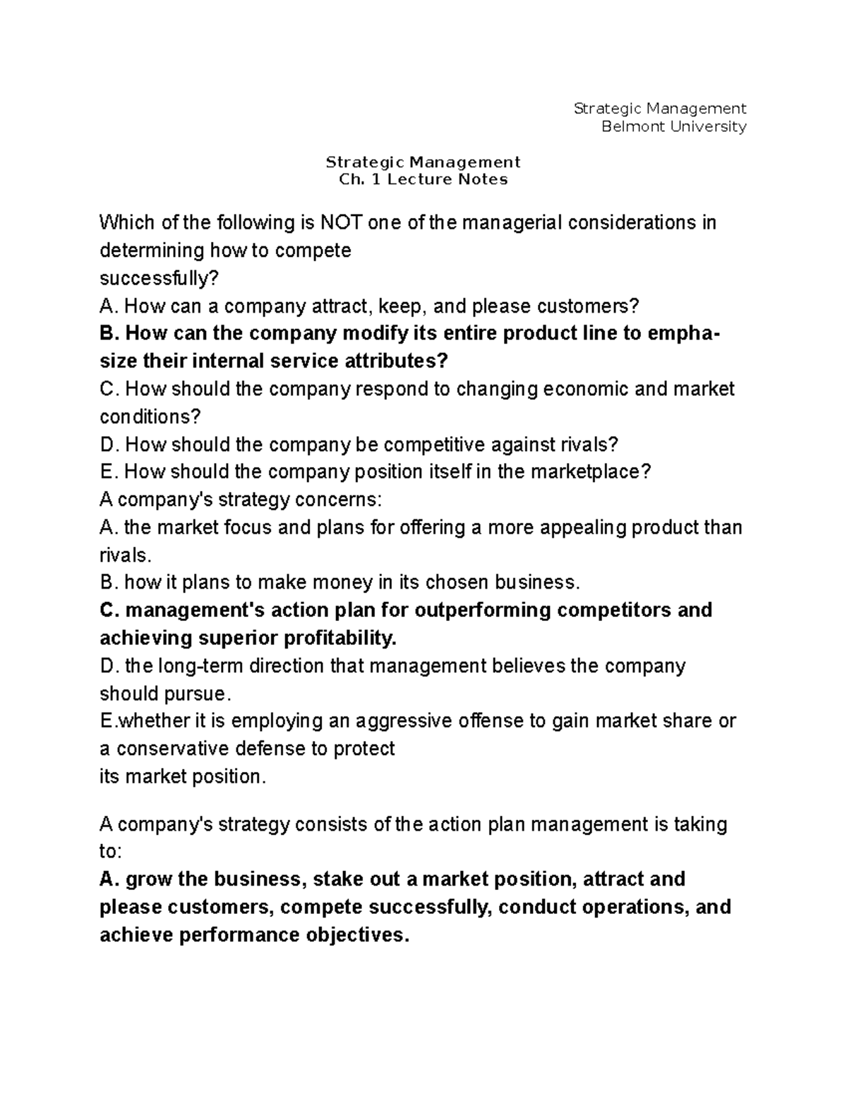 Strategic Management Ch. 1 Lecture Notes - Strategic Management Belmont ...