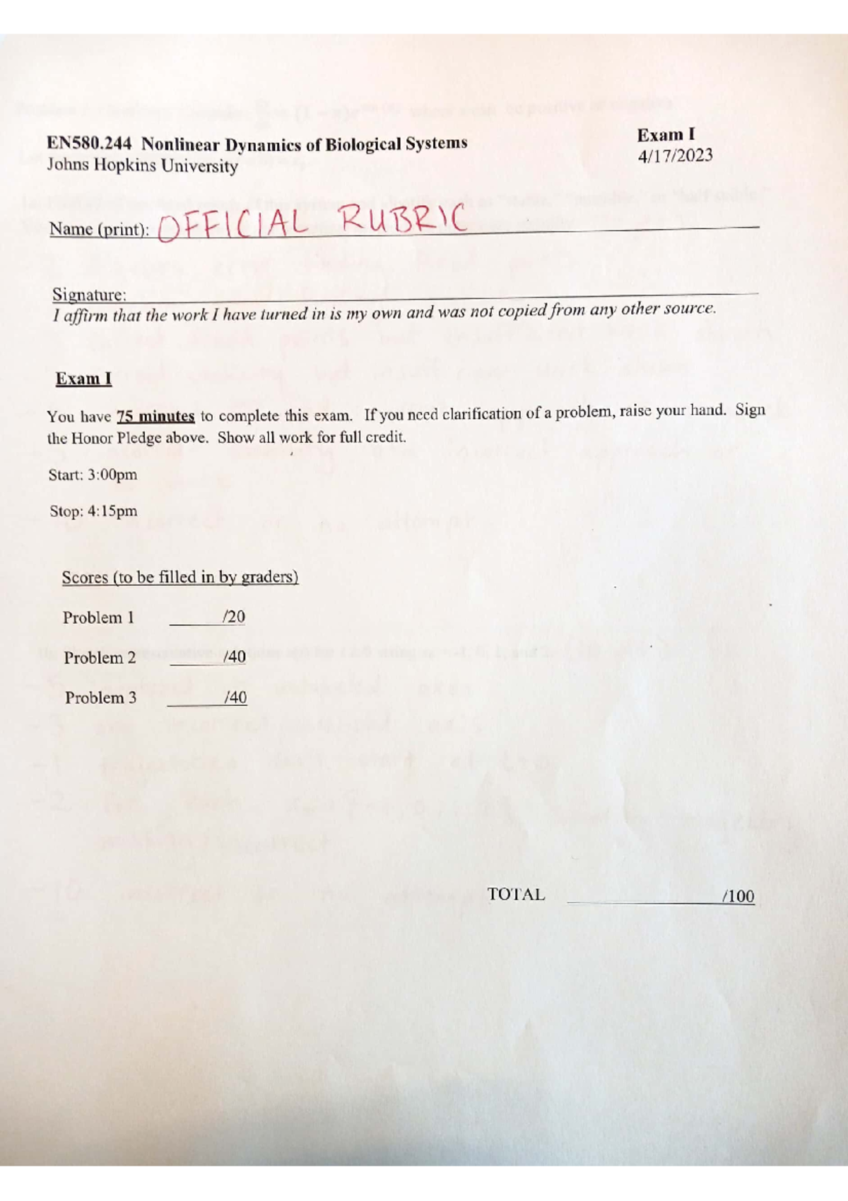 Nonlin Exam 1 Grading Rubric 2023 - EN.580.244 - Studocu