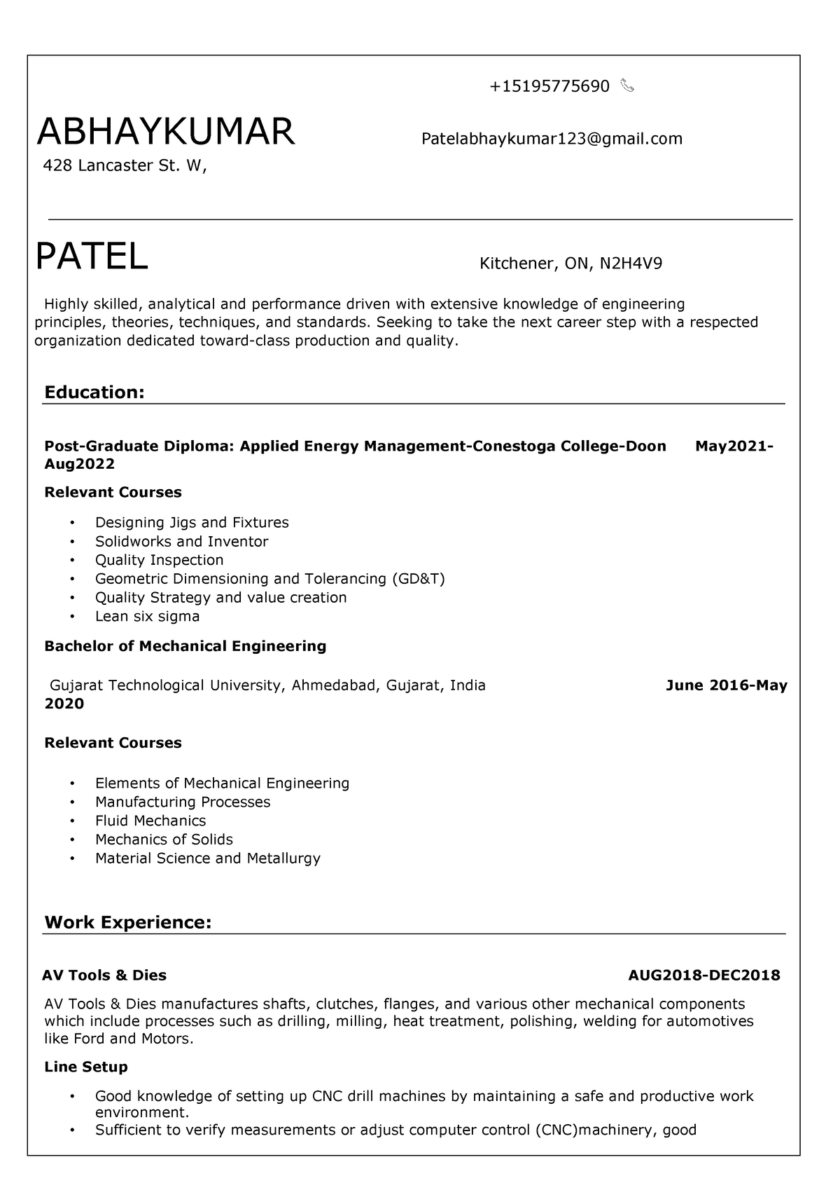 Abhay Patel Resume 11234 - + ABHAYKUMAR Patelabhaykumar123@gmail 428 ...