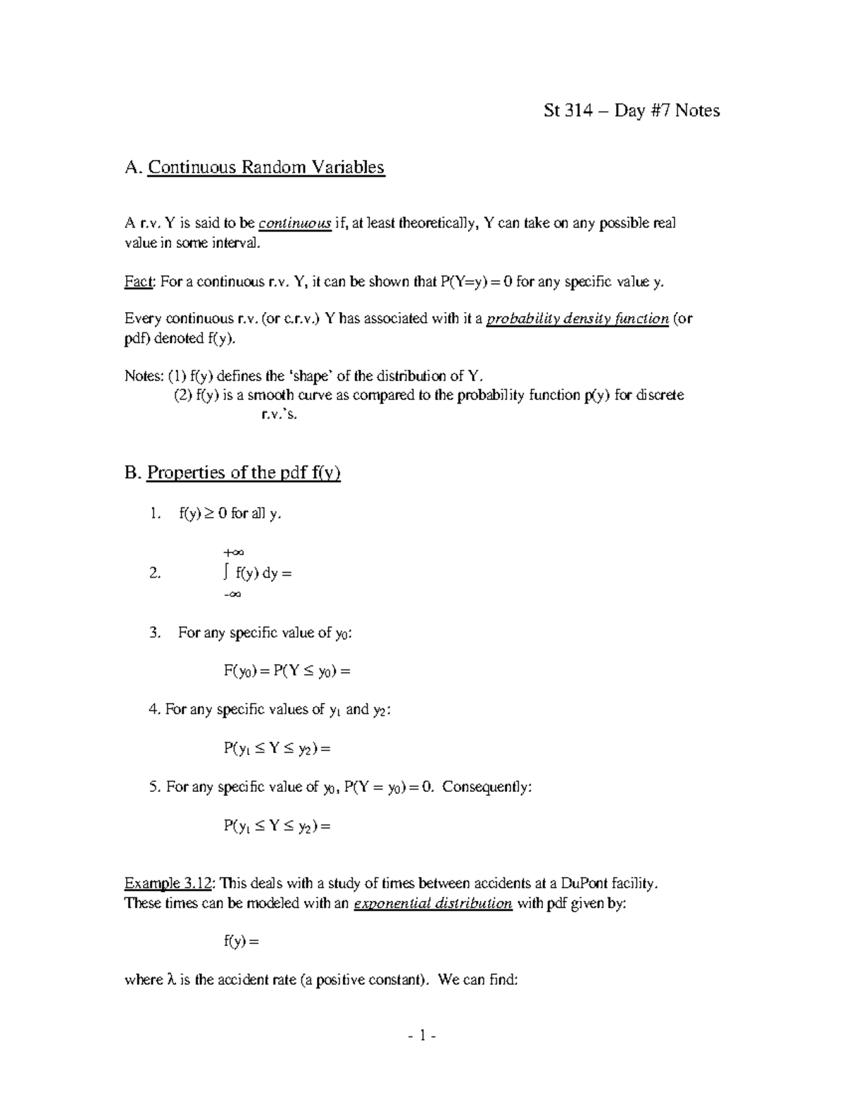 Day 7 notes Introduction to Statistics for Engineers - St 314 – Day #7 ...