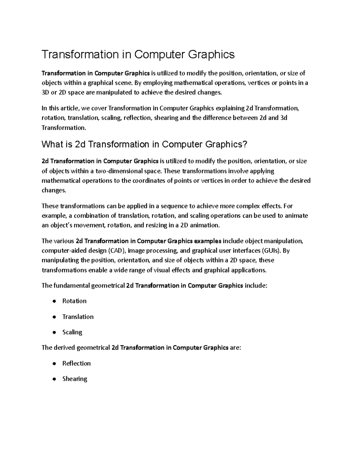 Transformation in computer graphics - Transformation in Computer ...
