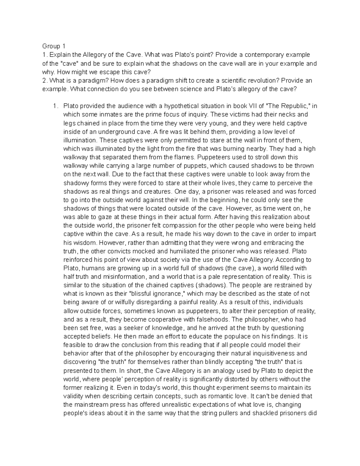 Philosophy midterm essay Group 1 Explain the Allegory of the Cave