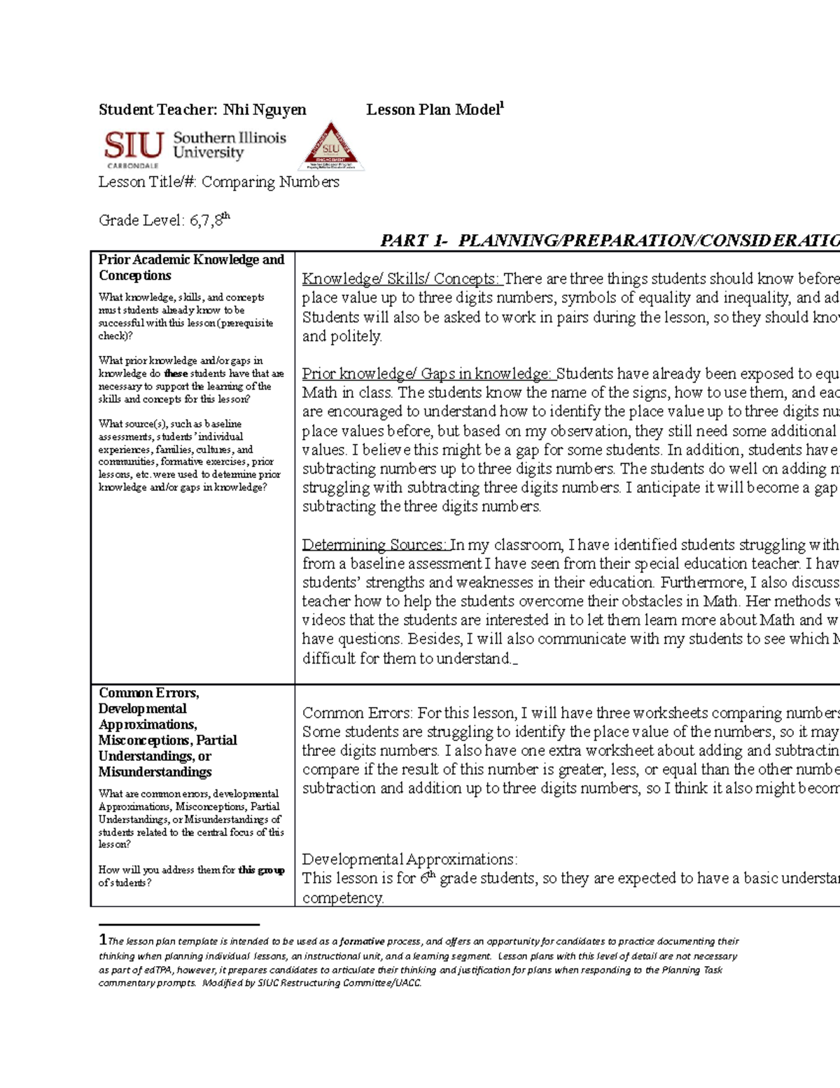 Lesson Plan Math Comparing Numbers Student Teacher Nhi Nguyen 
