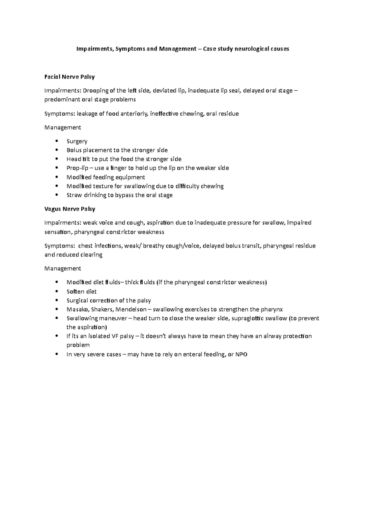 Impairments, Symptoms and Management Case study neurological causes