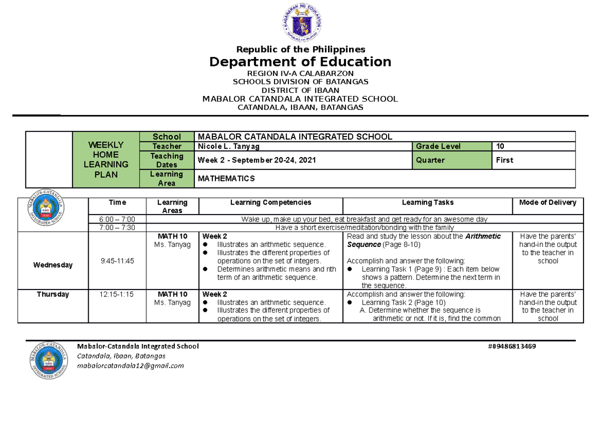 G9 -2nd-Weekly-Home-Learning-Plan - Republic of the Philippines ...