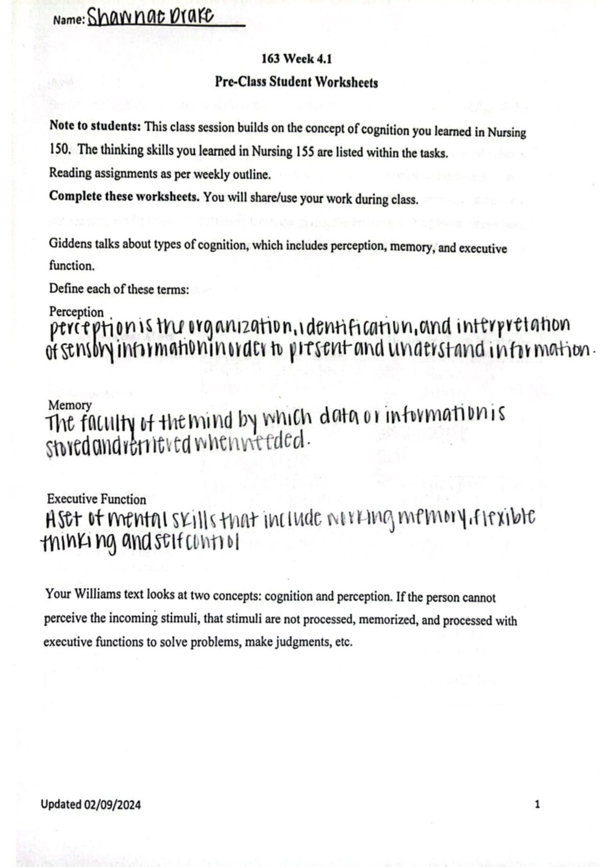 NUR 163 Preclass-4 - pre class - Name: Shawnat brake 163 Week 4 Student ...