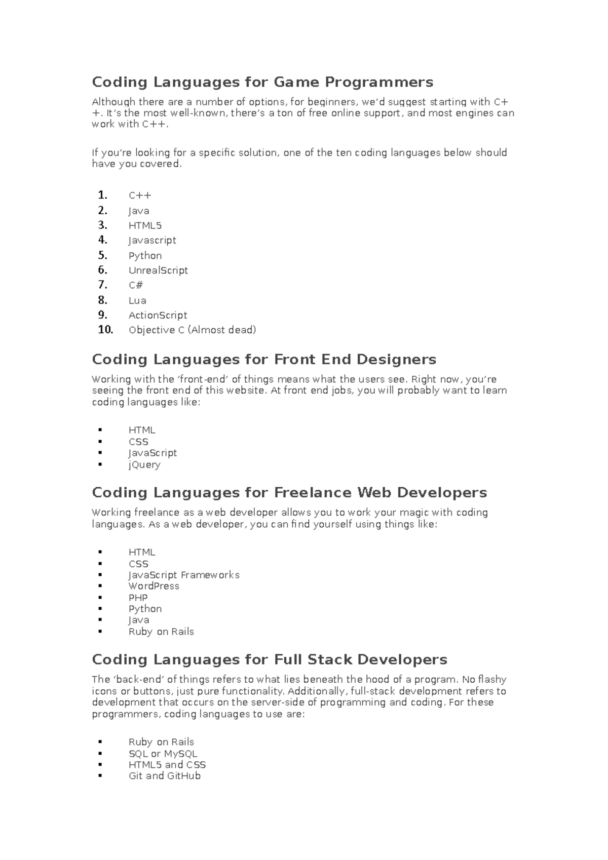 Coding Languages for Game Programmers - Coding Languages for Game ...