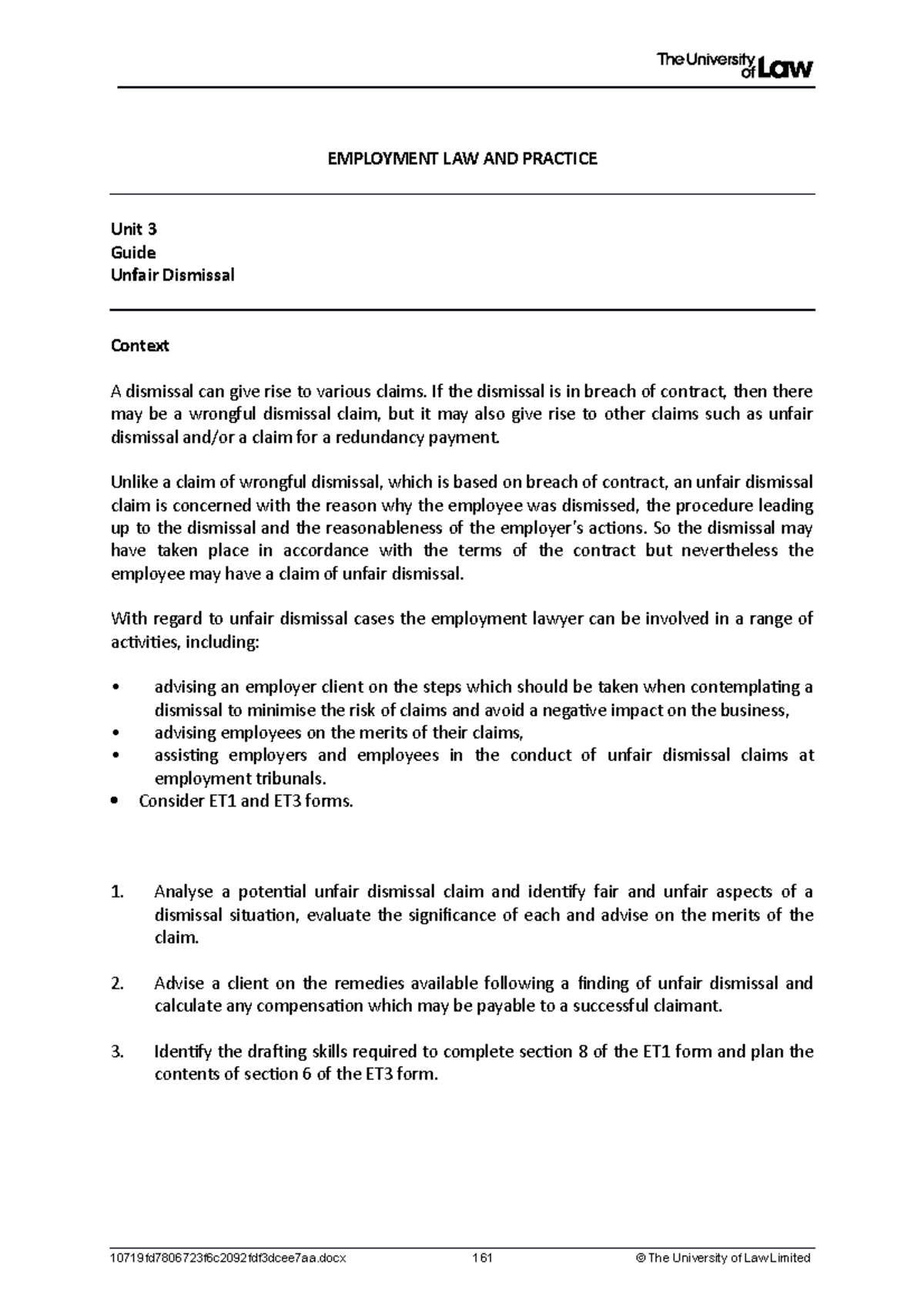 Workshop 3 Employment Law And Practice Unit 3 Guide Unfair Dismissal Context A Dismissal Can 6142