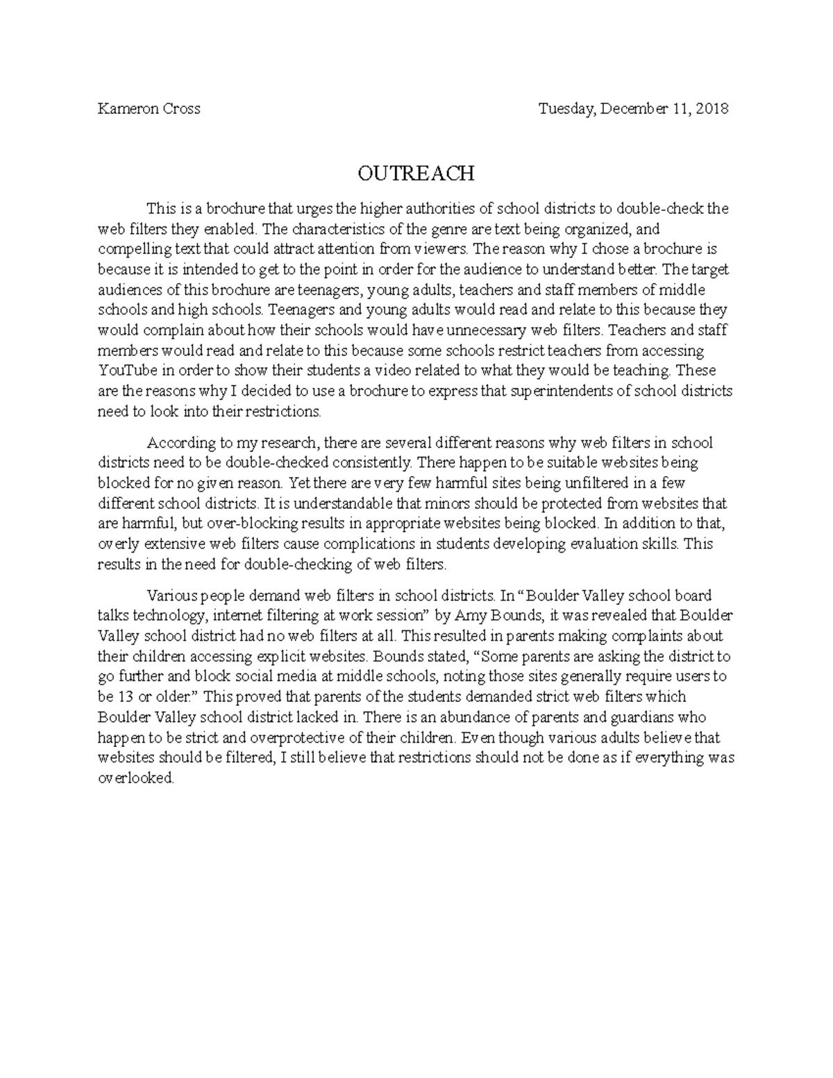 Final Draft for written brochure - Kameron Cross Tuesday, December 11 ...