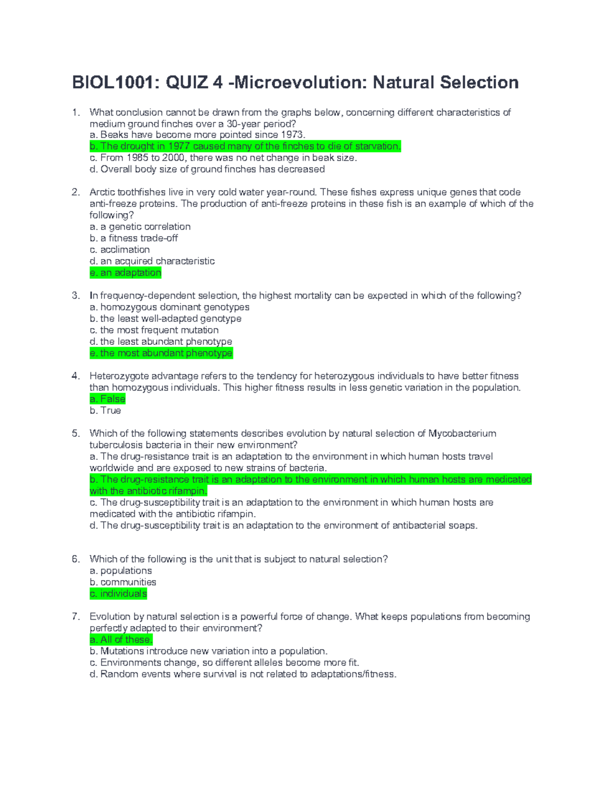 BIOL1001 Quiz 4 - Microevolution: Natural Selection - Sc/Biol 1001 ...