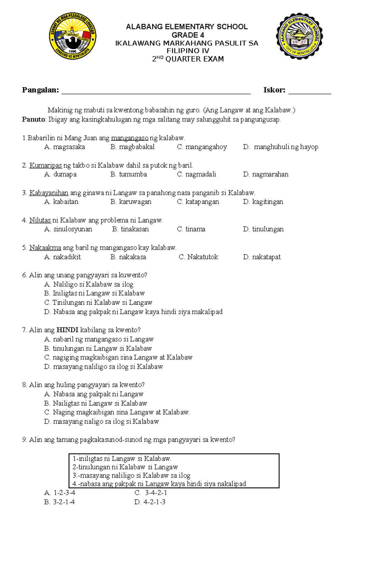 Filipino 4 Periodic TEST Q2 - ALABANG ELEMENTARY SCHOOL GRADE 4 ...