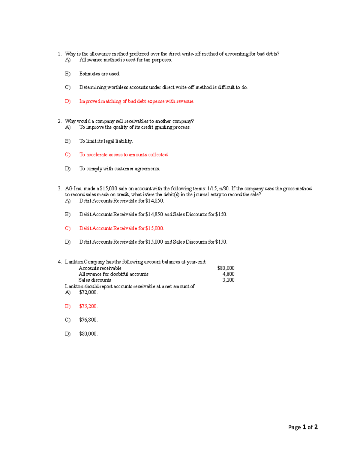 Answer Key Chapter 7 Quiz - Why is the allowance method preferred over ...