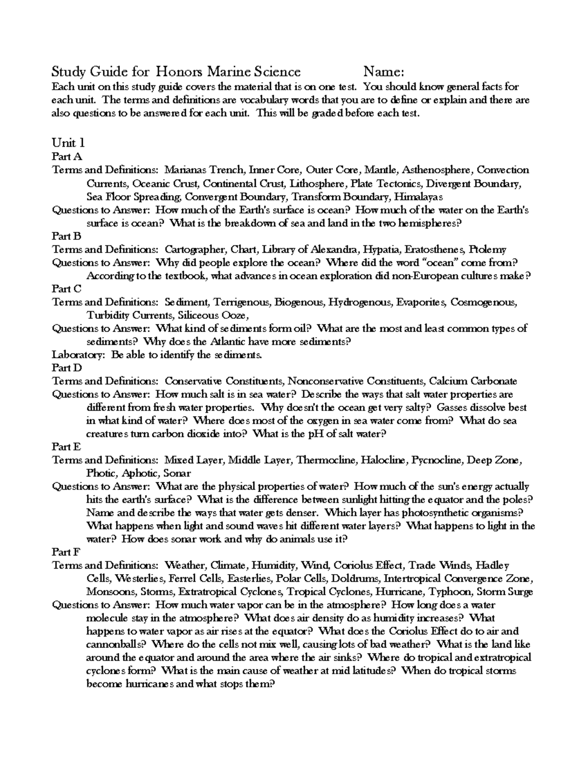 Study Guide MS Fall - Study Guide for Honors Marine Science Name: Each ...