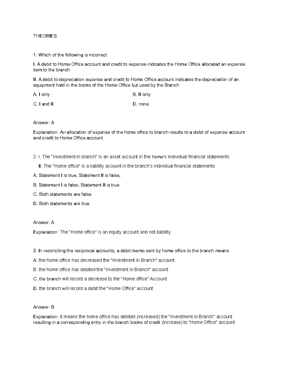 Home Office and Branch Accounting Theories and Problems - THEORIES ...