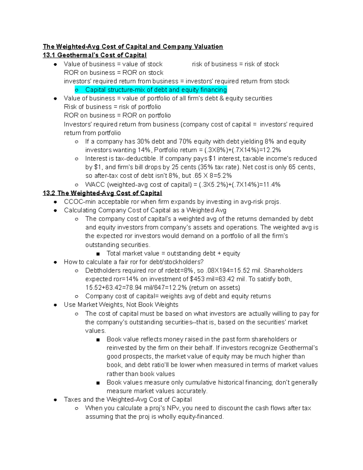 314 Ch 13 - Lecture notes 13 - The Weighted-Avg Cost of Capital and ...