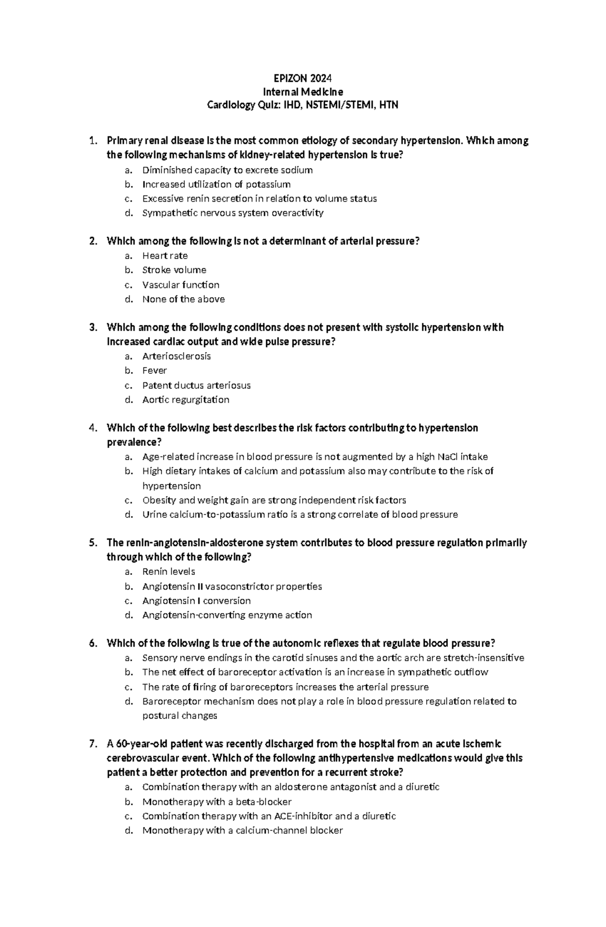 Q1 Cardiology IHD Nstemi Stemi HTN - EPIZON 2024 Internal Medicine ...