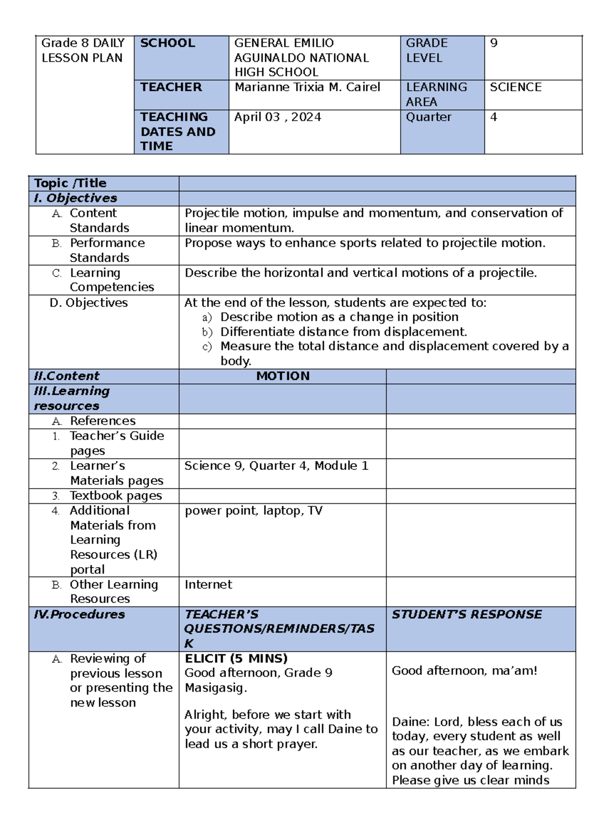 LESSON PLAN PLAN - Grade 8 DAILY LESSON PLAN SCHOOL GENERAL EMILIO ...