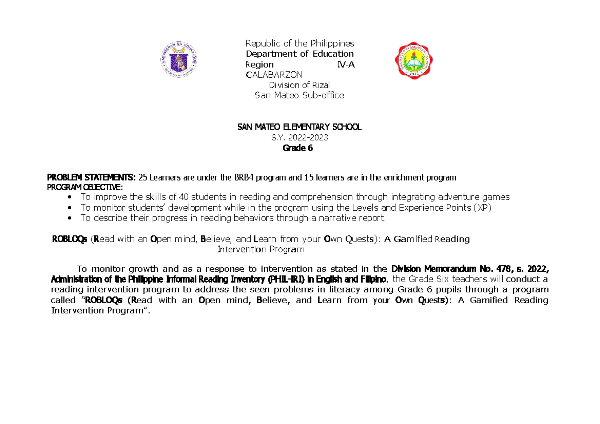 ReadingInterventionProgram Republic of the Philippines Department of Education Region I V A