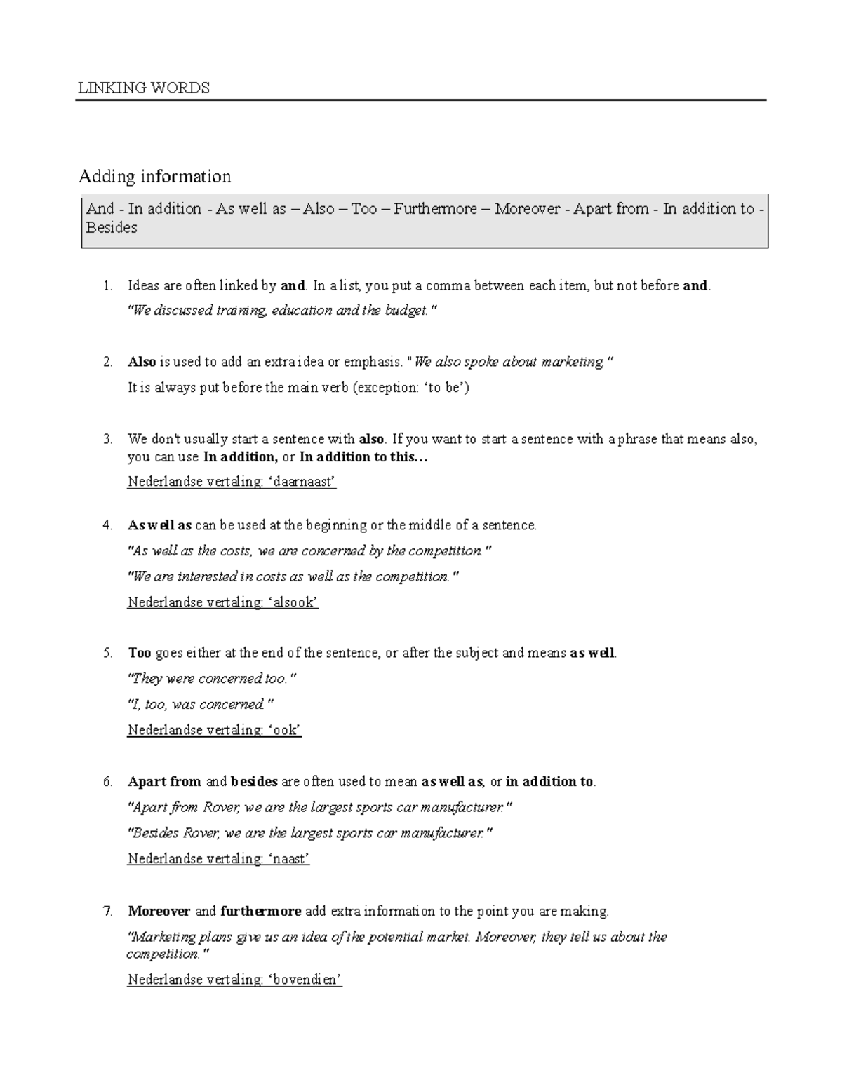 Linking words - overview and information - Adding information And - In ...