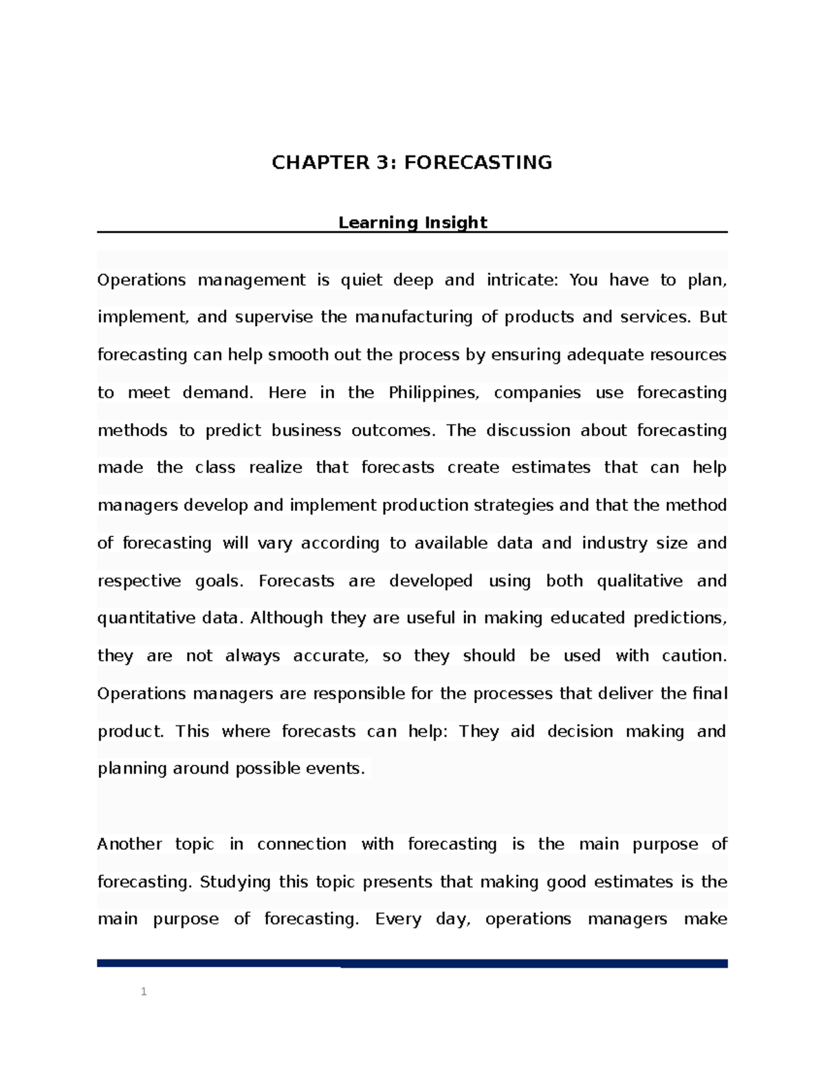 Forecasting - CHAPTER 3: FORECASTING Learning Insight Operations ...