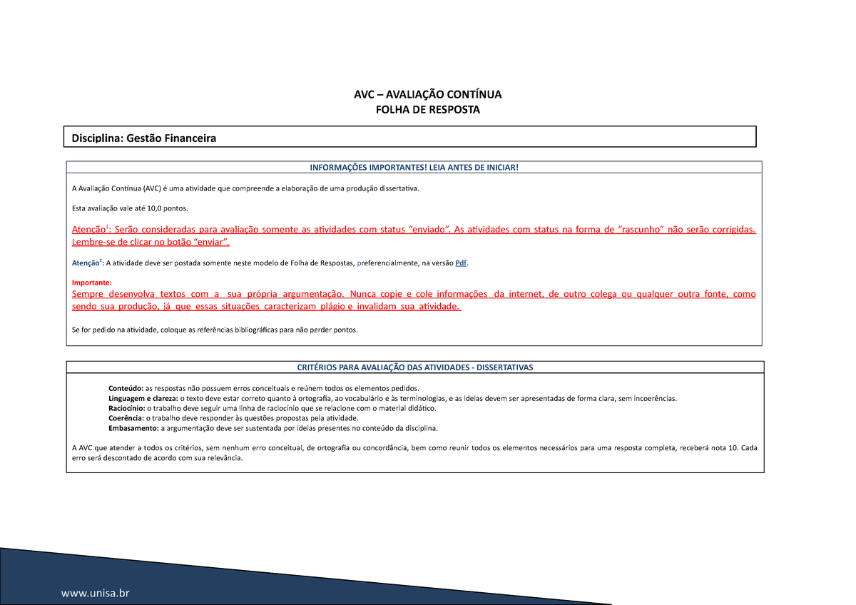 Folha De Resposta Gestão Financeira Avc Avc AvaliaÇÃo ContÍnua Folha De Resposta Disci 8407