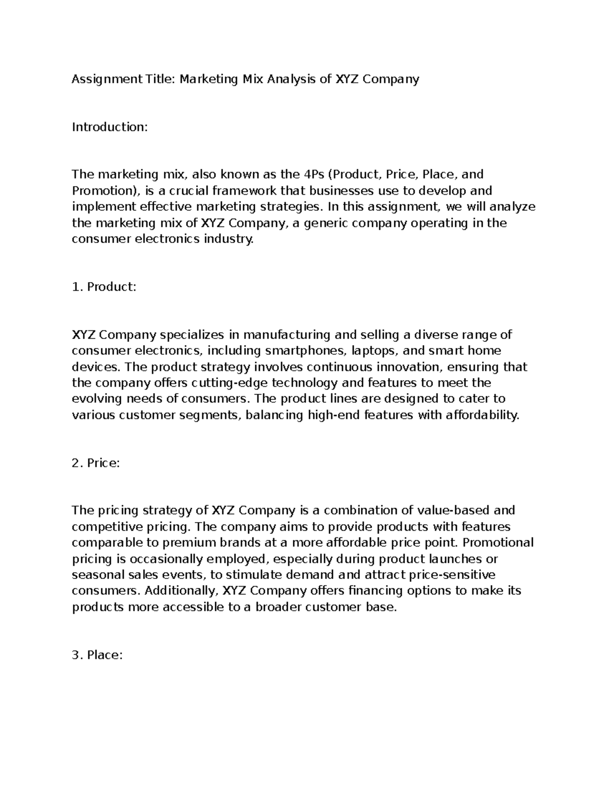 Assignment - In this assignment, we will analyze the marketing mix of ...