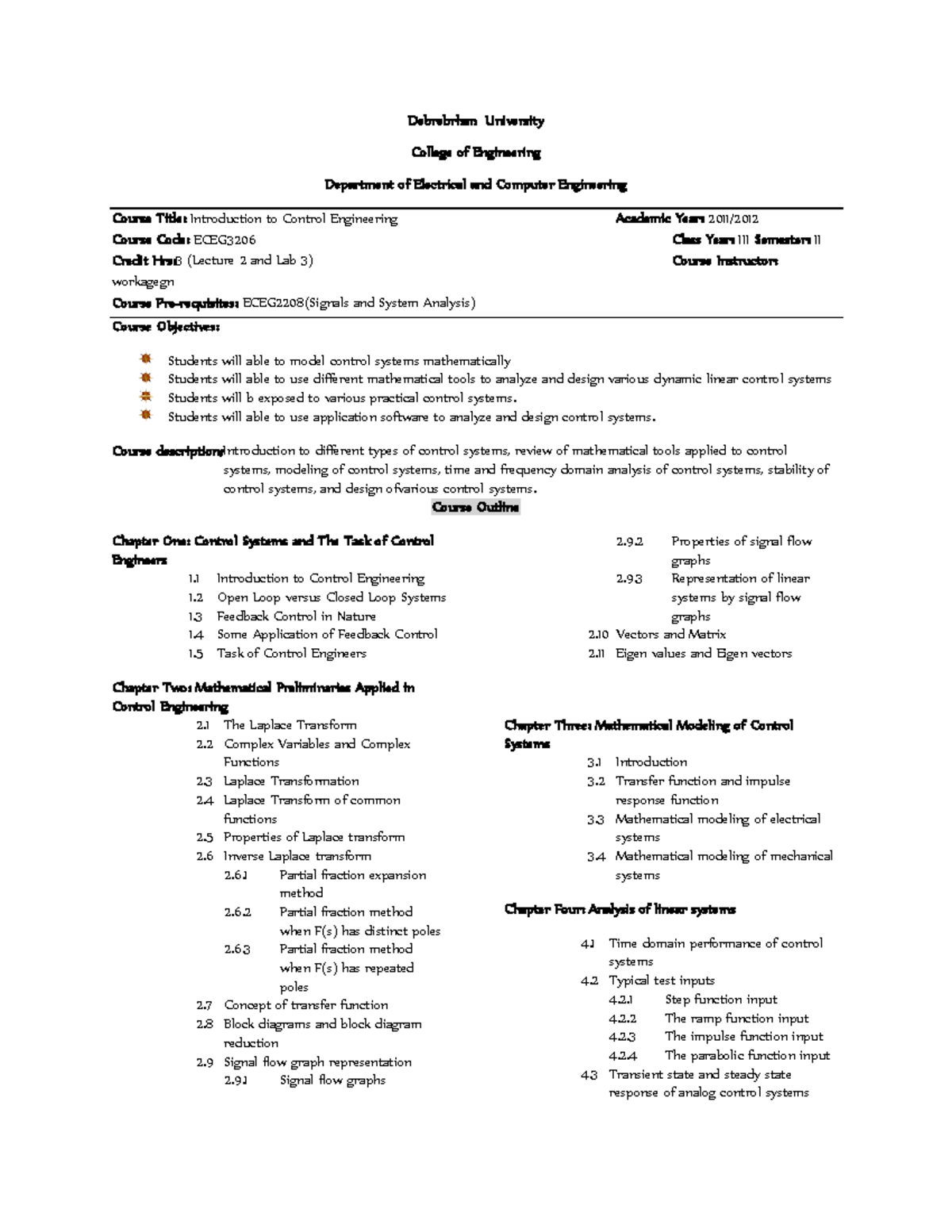 Introduction to Control Engineering Course Outline Debrebrhan